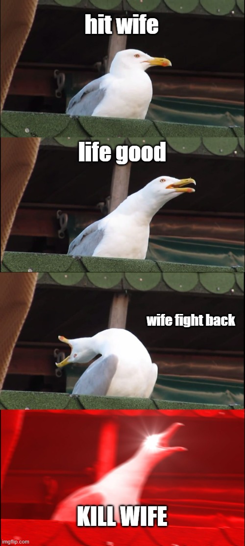 Inhaling Seagull Meme | hit wife; life good; wife fight back; KILL WIFE | image tagged in memes,inhaling seagull | made w/ Imgflip meme maker