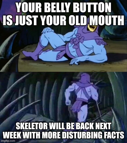 im back | YOUR BELLY BUTTON IS JUST YOUR OLD MOUTH; SKELETOR WILL BE BACK NEXT WEEK WITH MORE DISTURBING FACTS | image tagged in skeletor disturbing facts | made w/ Imgflip meme maker