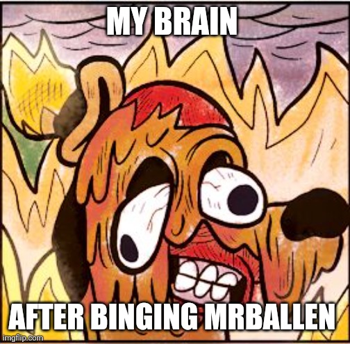 I've binged too much mrballen | MY BRAIN; AFTER BINGING MRBALLEN | image tagged in this is fine face melt | made w/ Imgflip meme maker