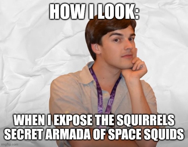 Squid armada | HOW I LOOK:; WHEN I EXPOSE THE SQUIRRELS SECRET ARMADA OF SPACE SQUIDS | image tagged in respectable theory | made w/ Imgflip meme maker