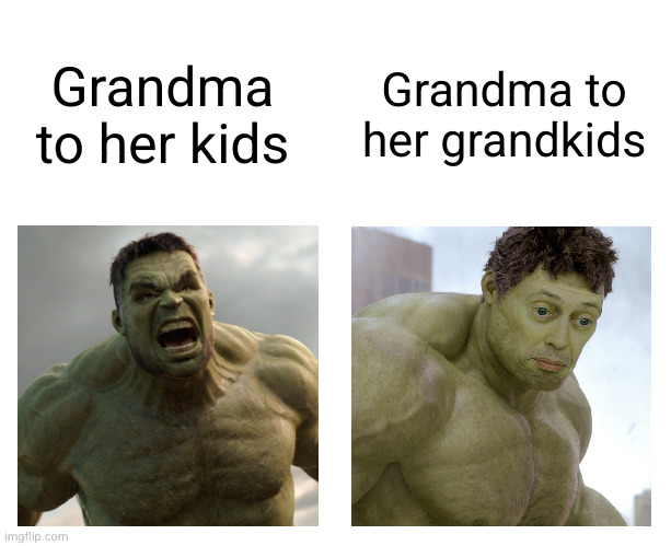 does old age just turn you nice or som | Grandma to her grandkids; Grandma to her kids | image tagged in hulk angry then realizes he's wrong,memenade,repost,funny,hulk,grandma | made w/ Imgflip meme maker