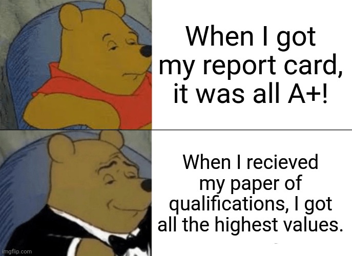 The fancy way to say it. | When I got my report card, it was all A+! When I recieved my paper of qualifications, I got all the highest values. | image tagged in tuxedo winnie the pooh,memes,fancy winnie the pooh meme | made w/ Imgflip meme maker