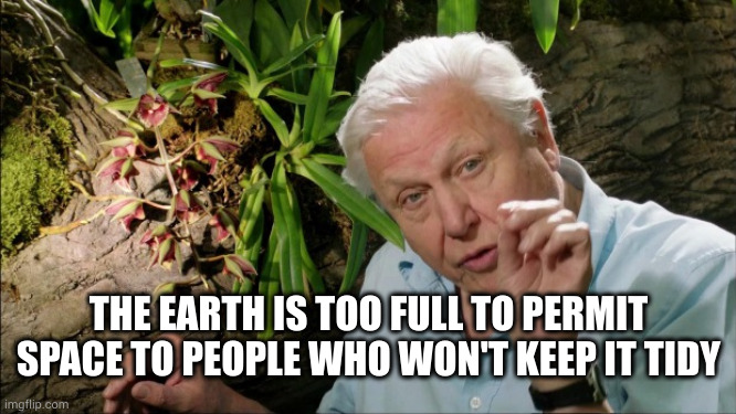 David Attenborough | THE EARTH IS TOO FULL TO PERMIT SPACE TO PEOPLE WHO WON'T KEEP IT TIDY | image tagged in david attenborough | made w/ Imgflip meme maker