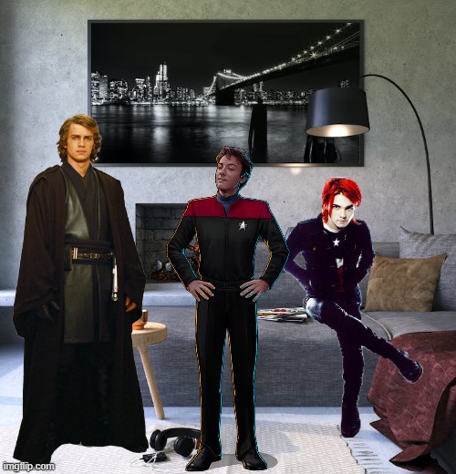 Gerard Way Chilling Out with Anakin and Q Junior | image tagged in living room,star wars,gerard way,anakin skywalker | made w/ Imgflip meme maker