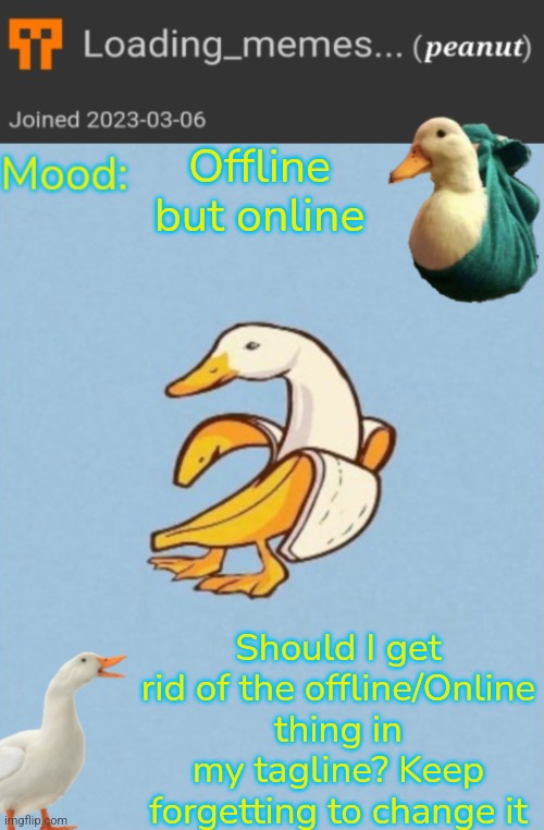 It's annoying ngl | Offline but online; Should I get rid of the offline/Online thing in my tagline? Keep forgetting to change it | image tagged in loading_memes banana-duck announcement template | made w/ Imgflip meme maker