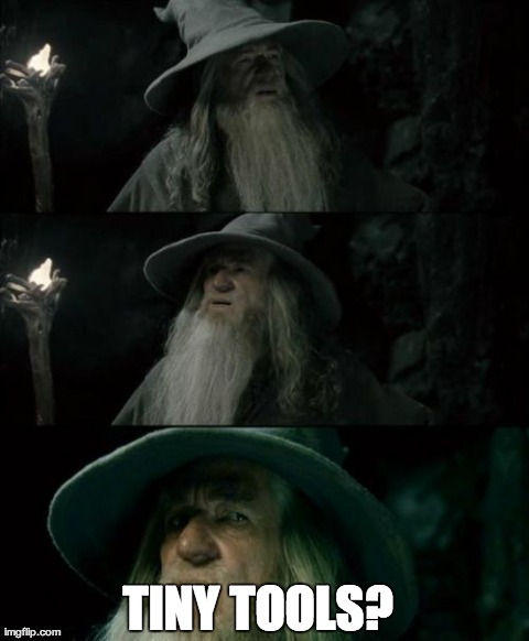 Confused Gandalf Meme | TINY TOOLS? | image tagged in memes,confused gandalf,AdviceAnimals | made w/ Imgflip meme maker
