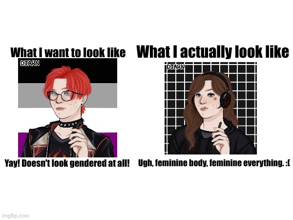 Y'all can turn this into a trend if you want. Link to picrew in comments. | What I actually look like; What I want to look like; Yay! Doesn't look gendered at all! Ugh, feminine body, feminine everything. :( | made w/ Imgflip meme maker