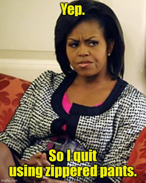 Michelle Obama is not pleased | Yep. So I quit using zippered pants. | image tagged in michelle obama is not pleased | made w/ Imgflip meme maker