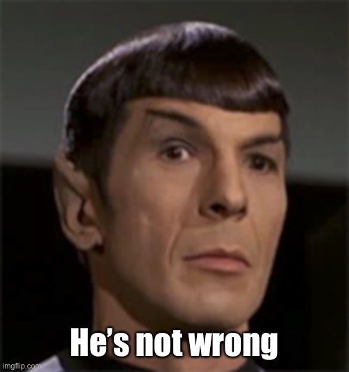 Spock raised eyebrow | He’s not wrong | image tagged in spock raised eyebrow | made w/ Imgflip meme maker