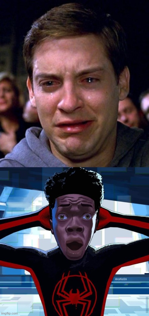 image tagged in crying peter parker,miles morales | made w/ Imgflip meme maker