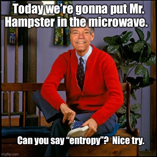 Today we’re gonna put Mr. Hampster in the microwave. Can you say “entropy”?  Nice try. | made w/ Imgflip meme maker