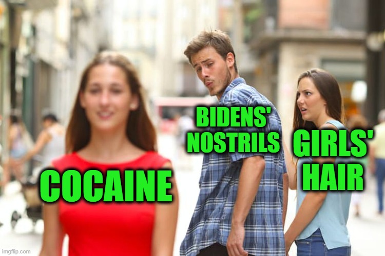 Change is in the Hair | BIDENS' NOSTRILS; GIRLS' HAIR; COCAINE | image tagged in memes,distracted boyfriend | made w/ Imgflip meme maker