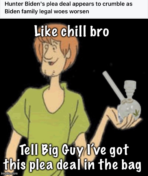 Bong brothers | Like chill bro; Tell Big Guy I’ve got this plea deal in the bag | image tagged in shaggy bong,politics lol,memes | made w/ Imgflip meme maker