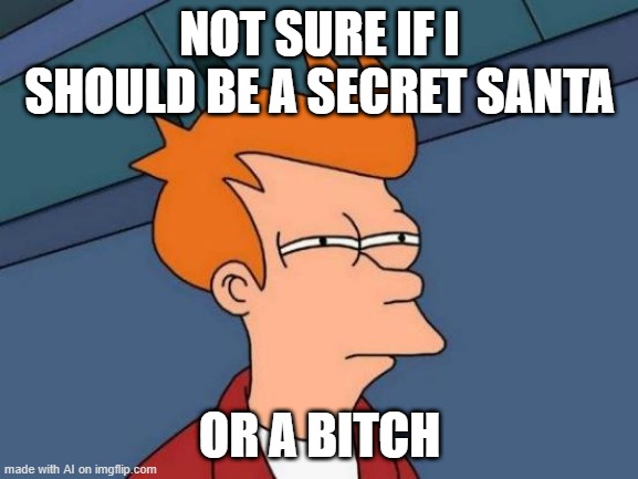 Futurama Fry | NOT SURE IF I SHOULD BE A SECRET SANTA; OR A BITCH | image tagged in memes,futurama fry | made w/ Imgflip meme maker