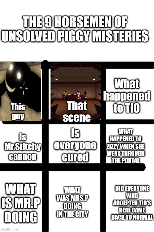 THE 9 HORSEMEN OF UNSOLVED PIGGY MISTERIES; What happened to TIO; That scene; This guy; Is everyone cured; WHAT HAPPENED TO ZIZZY WHEN SHE WENT THROUGH THE PORTAL; Is Mr.Stitchy cannon; WHAT WAS MRS.P DOING IN THE CITY; WHAT IS MR.P DOING; DID EVERYONE WHO ACCEPTED TIO'S DEAL CAME BACK TO NORMAL | image tagged in roblox piggy,piggy meme,unsolved mysteries | made w/ Imgflip meme maker