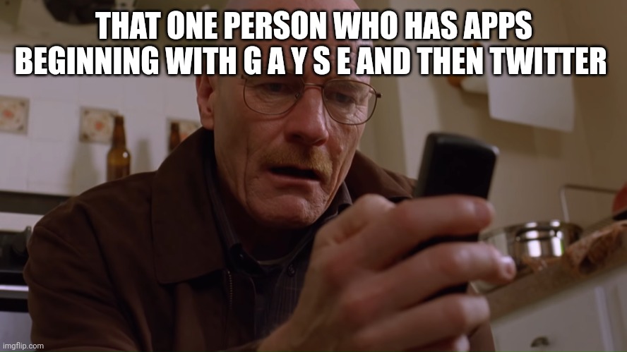 Le pain | THAT ONE PERSON WHO HAS APPS BEGINNING WITH G A Y S E AND THEN TWITTER | image tagged in walter white on his phone | made w/ Imgflip meme maker