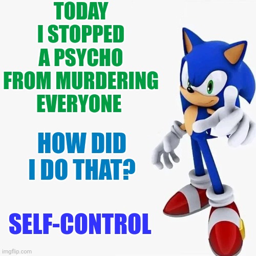 Self-control saves the day once again | TODAY I STOPPED A PSYCHO FROM MURDERING EVERYONE; HOW DID I DO THAT? SELF-CONTROL | image tagged in sonic days | made w/ Imgflip meme maker