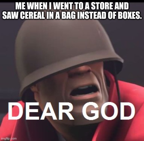 its the most cursed thing i have ever seen | ME WHEN I WENT TO A STORE AND SAW CEREAL IN A BAG INSTEAD OF BOXES. | image tagged in dear god,cereal | made w/ Imgflip meme maker