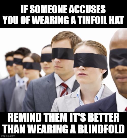 Tinfoil Hat v. Blindfold | IF SOMEONE ACCUSES YOU OF WEARING A TINFOIL HAT; REMIND THEM IT'S BETTER THAN WEARING A BLINDFOLD | image tagged in blindfolded | made w/ Imgflip meme maker