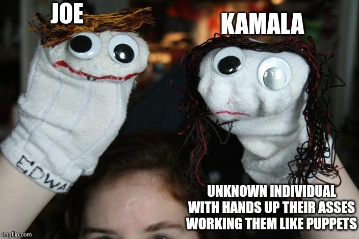 sock puppets | JOE UNKNOWN INDIVIDUAL WITH HANDS UP THEIR ASSES WORKING THEM LIKE PUPPETS KAMALA | image tagged in sock puppets | made w/ Imgflip meme maker