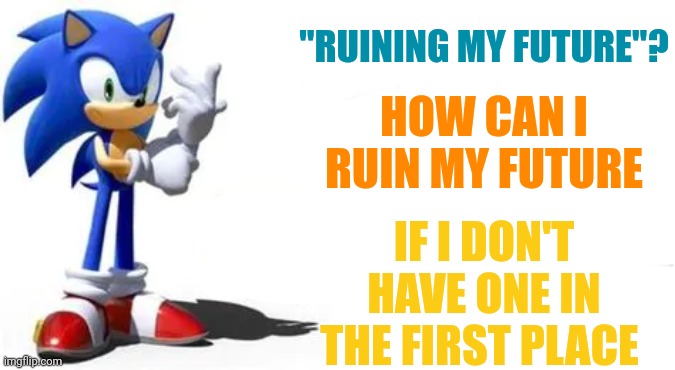 I mean he has a point | "RUINING MY FUTURE"? HOW CAN I RUIN MY FUTURE; IF I DON'T HAVE ONE IN THE FIRST PLACE | image tagged in sonic says | made w/ Imgflip meme maker