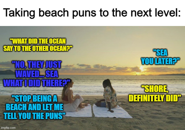 I should shell books related to beach puns... | Taking beach puns to the next level:; "WHAT DID THE OCEAN SAY TO THE OTHER OCEAN?"; "SEA YOU LATER?"; "NO, THEY JUST WAVED... SEA WHAT I DID THERE?"; "SHORE, DEFINITELY DID"; "STOP BEING A BEACH AND LET ME TELL YOU THE PUNS" | made w/ Imgflip meme maker