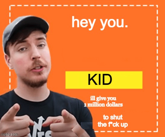 Mr. beast honey ad | hey you. KID ill give you 1 million dollars to shut the f*ck up | image tagged in mr beast honey ad | made w/ Imgflip meme maker