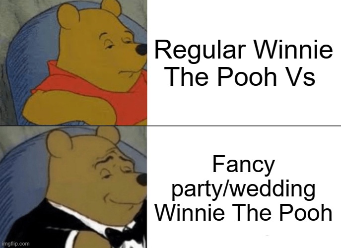 Tuxedo Winnie The Pooh Meme | Regular Winnie The Pooh Vs; Fancy party/wedding Winnie The Pooh | image tagged in memes,tuxedo winnie the pooh | made w/ Imgflip meme maker