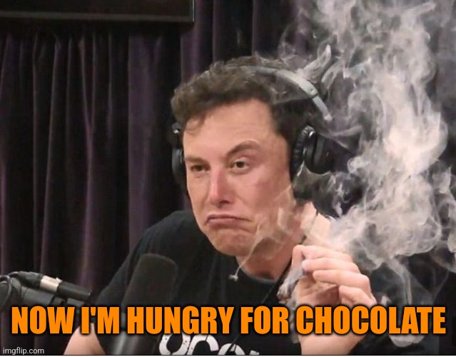 Elon Musk smoking a joint | NOW I'M HUNGRY FOR CHOCOLATE | image tagged in elon musk smoking a joint | made w/ Imgflip meme maker