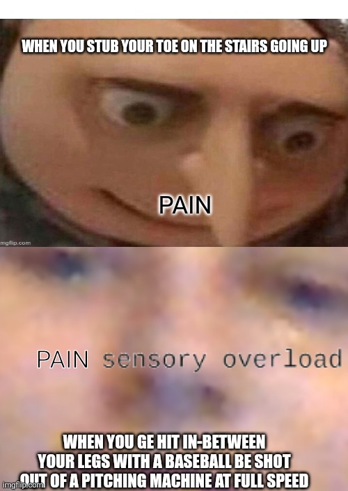 sensory overload | WHEN YOU STUB YOUR TOE ON THE STAIRS GOING UP; PAIN; PAIN; WHEN YOU GE HIT IN-BETWEEN YOUR LEGS WITH A BASEBALL BE SHOT OUT OF A PITCHING MACHINE AT FULL SPEED | image tagged in sensory overload | made w/ Imgflip meme maker