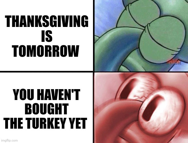 Haven't bought the turkey yet!!! | THANKSGIVING IS TOMORROW; YOU HAVEN'T BOUGHT THE TURKEY YET | image tagged in sleeping squidward | made w/ Imgflip meme maker
