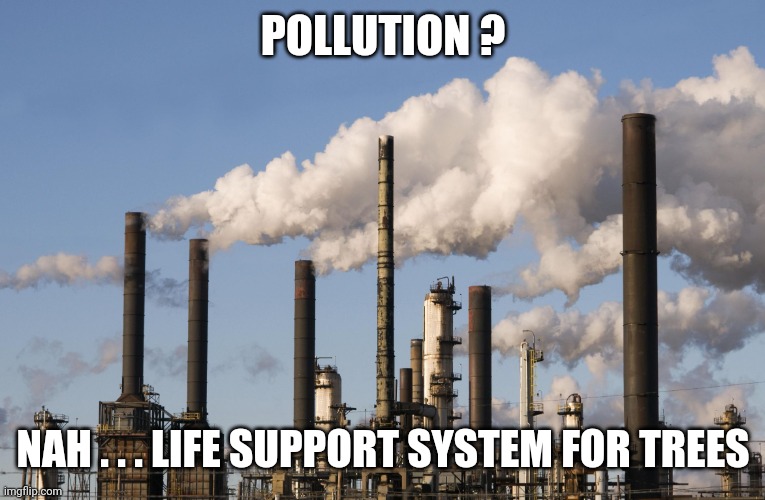 factory | POLLUTION ? NAH . . . LIFE SUPPORT SYSTEM FOR TREES | image tagged in factory | made w/ Imgflip meme maker