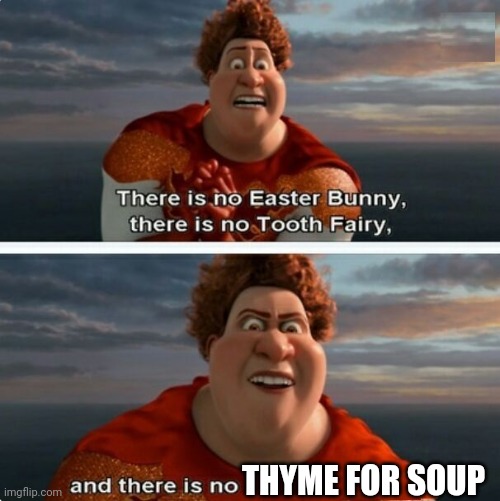 No time for soup | THYME FOR SOUP | image tagged in tighten megamind there is no easter bunny | made w/ Imgflip meme maker