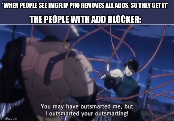 You may have outsmarted me, but i outsmarted your understanding | *WHEN PEOPLE SEE IMGFLIP PRO REMOVES ALL ADDS, SO THEY GET IT*; THE PEOPLE WITH ADD BLOCKER: | image tagged in you may have outsmarted me but i outsmarted your understanding | made w/ Imgflip meme maker