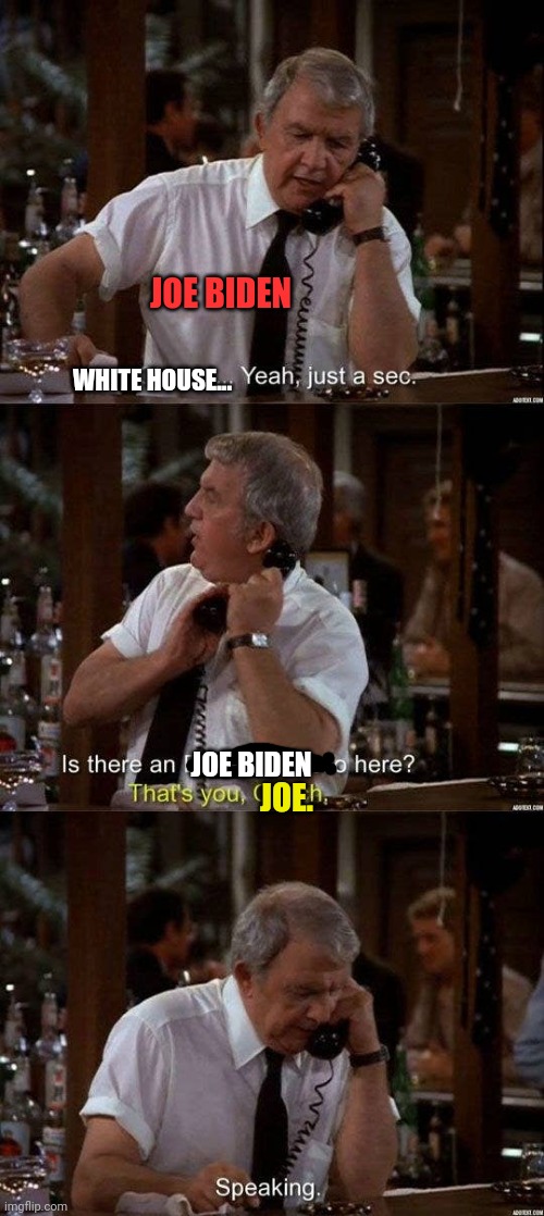 Joe Biden answers the phone | JOE BIDEN; WHITE HOUSE... JOE. JOE BIDEN | image tagged in joe biden,dementia,cheers,phone,white house | made w/ Imgflip meme maker