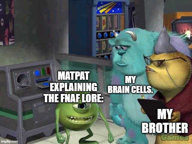 yes. | MY BRAIN CELLS. MATPAT EXPLAINING THE FNAF LORE:; MY BROTHER | image tagged in mike wazowski trying to explain,matpat | made w/ Imgflip meme maker