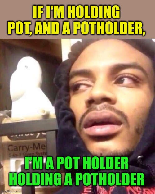 Coffee enema high thoughts | IF I'M HOLDING POT, AND A POTHOLDER, I'M A POT HOLDER HOLDING A POTHOLDER | image tagged in coffee enema high thoughts | made w/ Imgflip meme maker