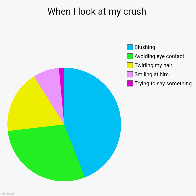 When I look at my crush | Trying to say something , Smiling at him, Twirling my hair, Avoiding eye contact , Blushing | image tagged in charts,pie charts | made w/ Imgflip chart maker