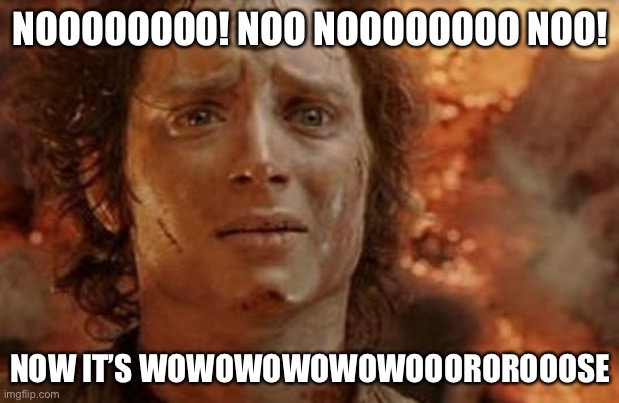 Frodo in Mt Doom | NOOOOOOOO! NOO NOOOOOOOO NOO! NOW IT’S WOWOWOWOWOWOOOROROOOSE | image tagged in frodo in mt doom | made w/ Imgflip meme maker