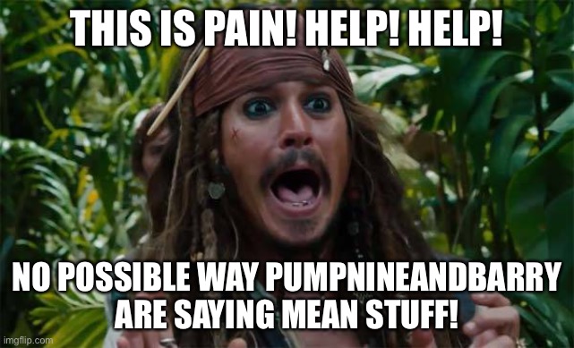 Capt Jack Sparrow Ahhh | THIS IS PAIN! HELP! HELP! NO POSSIBLE WAY PUMPNINEANDBARRY ARE SAYING MEAN STUFF! | image tagged in capt jack sparrow ahhh | made w/ Imgflip meme maker