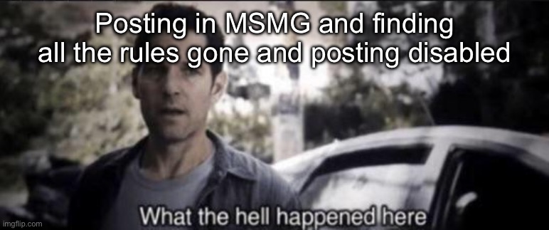 What the hell happened here | Posting in MSMG and finding all the rules gone and posting disabled | image tagged in what the hell happened here | made w/ Imgflip meme maker