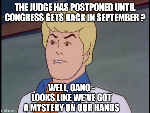 Fred biting lip | THE JUDGE HAS POSTPONED UNTIL CONGRESS GETS BACK IN SEPTEMBER ? WELL, GANG -
LOOKS LIKE WE'VE GOT A MYSTERY ON OUR HANDS | image tagged in fred biting lip | made w/ Imgflip meme maker