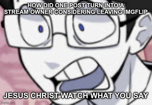 pardon my use of the JC word | HOW DID ONE POST TURN INTO A STREAM OWNER CONSIDERING LEAVING IMGFLIP; JESUS CHRIST WATCH WHAT YOU SAY | image tagged in qhar | made w/ Imgflip meme maker
