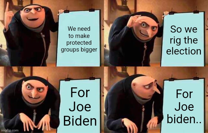 Gru's Plan | We need to make protected groups bigger; So we rig the election; For Joe Biden; For Joe biden.. | image tagged in memes,gru's plan | made w/ Imgflip meme maker