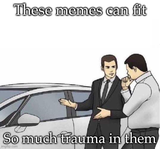 Trauma and memes | These memes can fit; So much trauma in them | image tagged in car salesman slaps roof of car | made w/ Imgflip meme maker