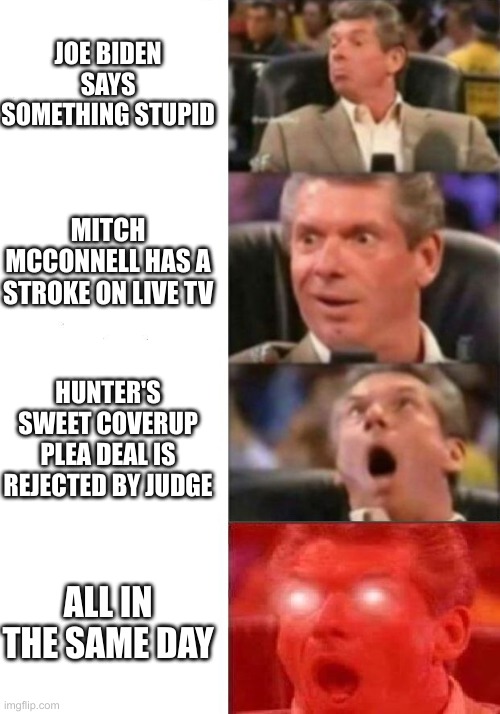 Mr. McMahon reaction | JOE BIDEN SAYS SOMETHING STUPID; MITCH MCCONNELL HAS A STROKE ON LIVE TV; HUNTER'S SWEET COVERUP PLEA DEAL IS REJECTED BY JUDGE; ALL IN THE SAME DAY | image tagged in mr mcmahon reaction | made w/ Imgflip meme maker