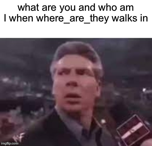x when x walks in | what are you and who am I when where_are_they walks in | image tagged in x when x walks in | made w/ Imgflip meme maker