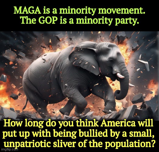 The GOP is America at its worst. | MAGA is a minority movement.
The GOP is a minority party. How long do you think America will 
put up with being bullied by a small, 
unpatriotic sliver of the population? | image tagged in gop,maga,minorities,americans,hate,right wing | made w/ Imgflip meme maker