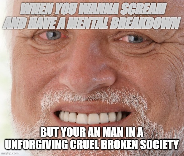 Hide the Pain Harold | WHEN YOU WANNA SCREAM AND HAVE A MENTAL BREAKDOWN; BUT YOUR AN MAN IN A UNFORGIVING CRUEL BROKEN SOCIETY | image tagged in hide the pain harold | made w/ Imgflip meme maker