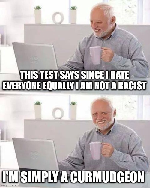 Hide the Pain Harold Meme | THIS TEST SAYS SINCE I HATE EVERYONE EQUALLY I AM NOT A RACIST I'M SIMPLY A CURMUDGEON | image tagged in memes,hide the pain harold | made w/ Imgflip meme maker